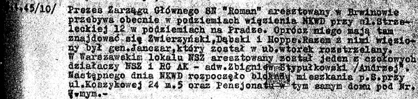 Fragment raportu wywiadowczego Okręgu Centralnego DSZ z IV 1945 r.